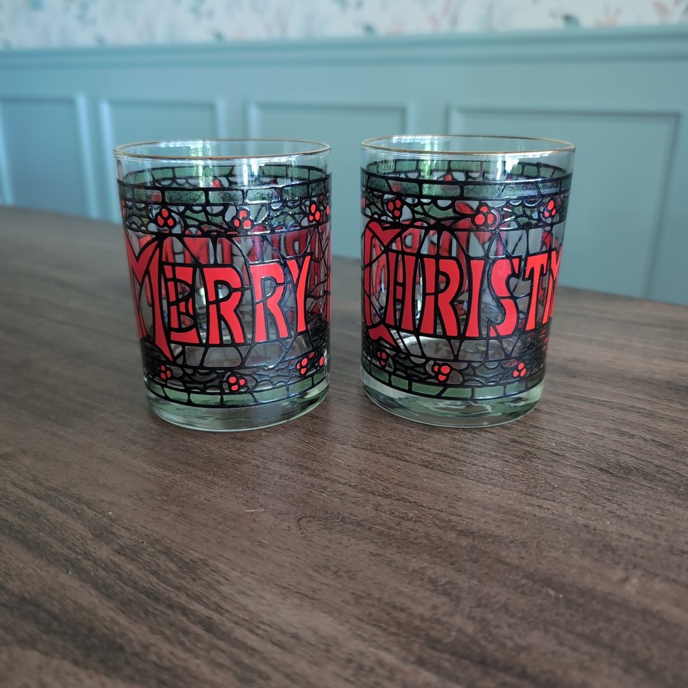 2 Vintage Cora Cera Houze Merry Christmas Stained Rocks Glass Gold Rim Tumblers